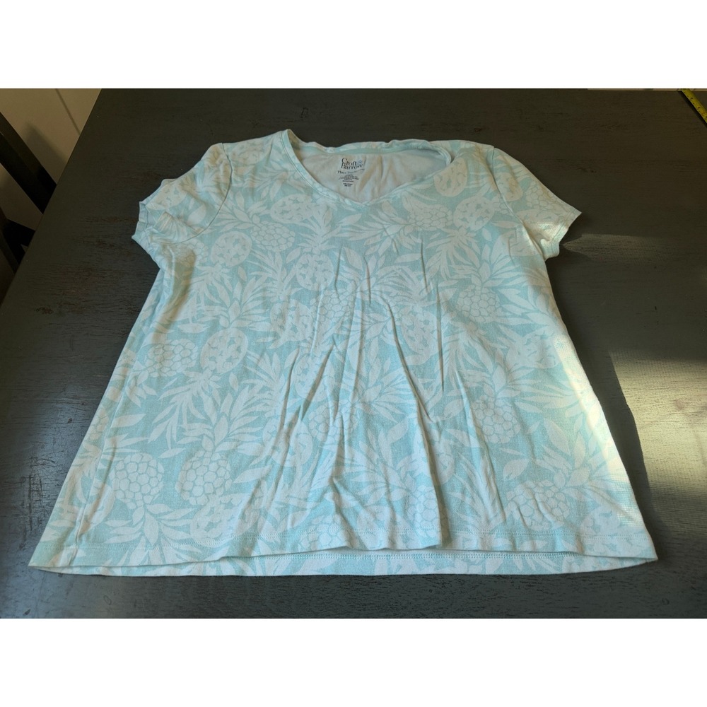 Croft & Barrow Womens XXL Aqua Blue Pineapple Tropical V-Neck Classic Tee Shirt